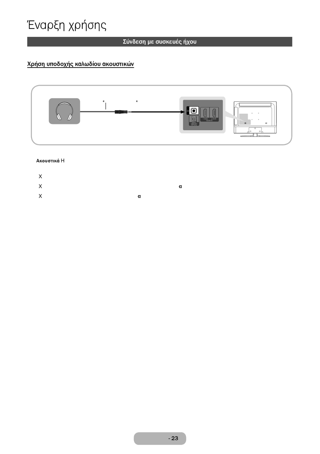 Samsung LT28E310EW/EN, LT32E310EXQ/EN, LT32E310EW/EN manual Σύνδεση με συσκευές ήχου, Χρήση υποδοχής καλωδίου ακουστικών 