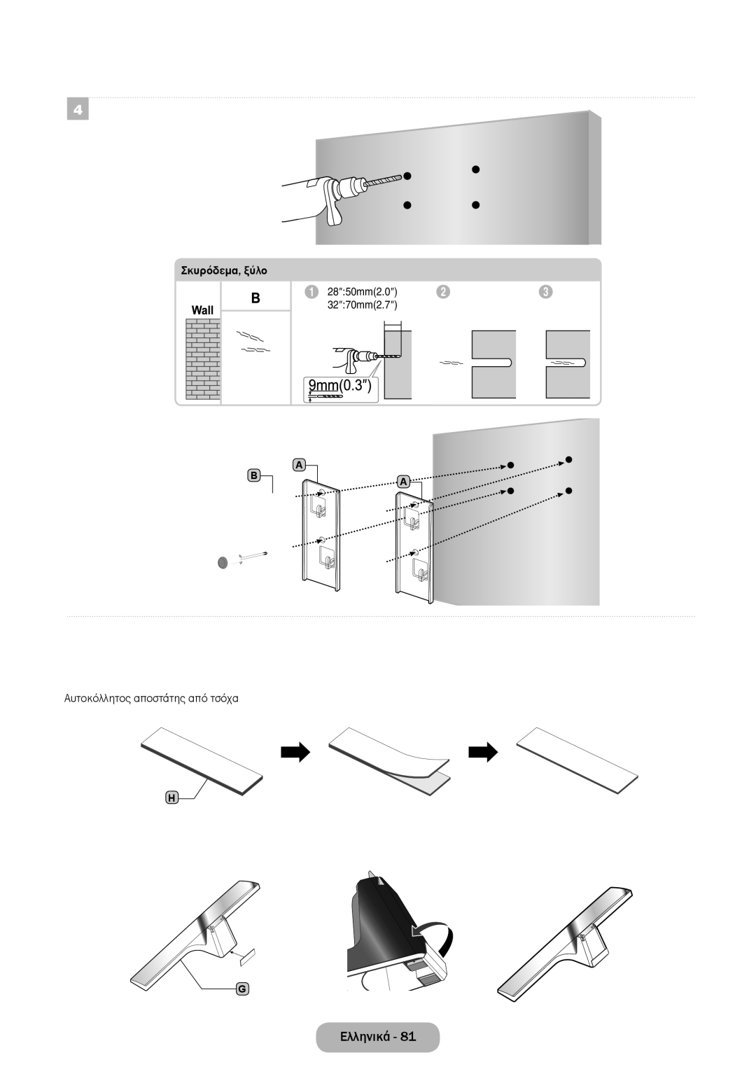 Samsung LT24E310EW/EN, LT32E310EXQ/EN, LT32E310EW/EN, LT28E310EW/EN manual Σκυρόδεμα, ξύλο, Αυτοκόλλητος αποστάτης από τσόχα 