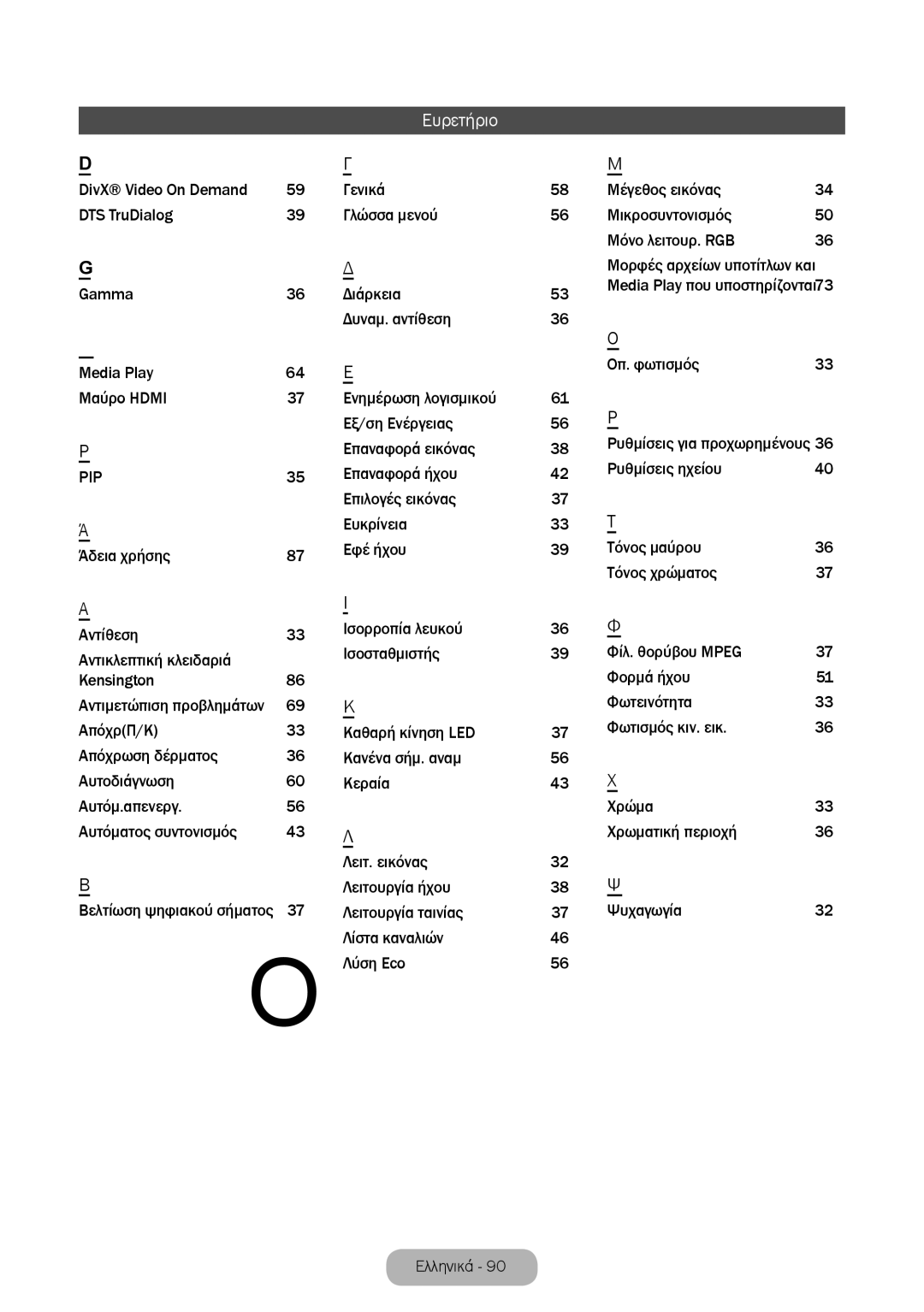 Samsung LT32E310EX/EN manual Ευρετήριο, Ρυθμίσεις για προχωρημένους, Αντιμετώπιση προβλημάτων, Βελτίωση ψηφιακού σήματος 