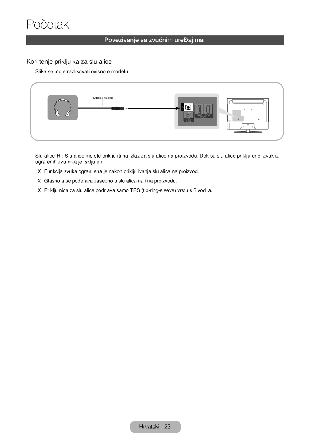 Samsung LT24E310EX/EN, LT32E310EXQ/EN, LT32E310EW/EN Povezivanje sa zvučnim uređajima, Korištenje priključka za slušalice 