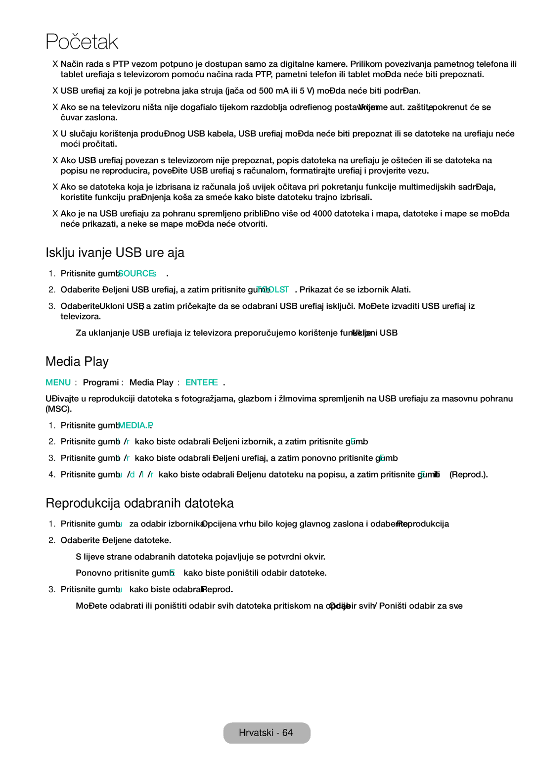 Samsung LT24E310EW/EN, LT32E310EXQ/EN, LT32E310EW/EN Isključivanje USB uređaja, Media Play, Reprodukcija odabranih datoteka 