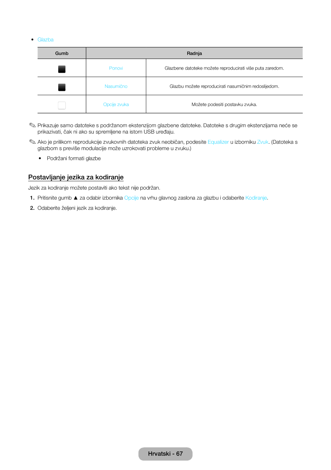 Samsung LT32E310EW/EN, LT32E310EXQ/EN, LT28E310EW/EN, LT28E310EXQ/EN, LT24E310EW/EN Postavljanje jezika za kodiranje, Glazba 