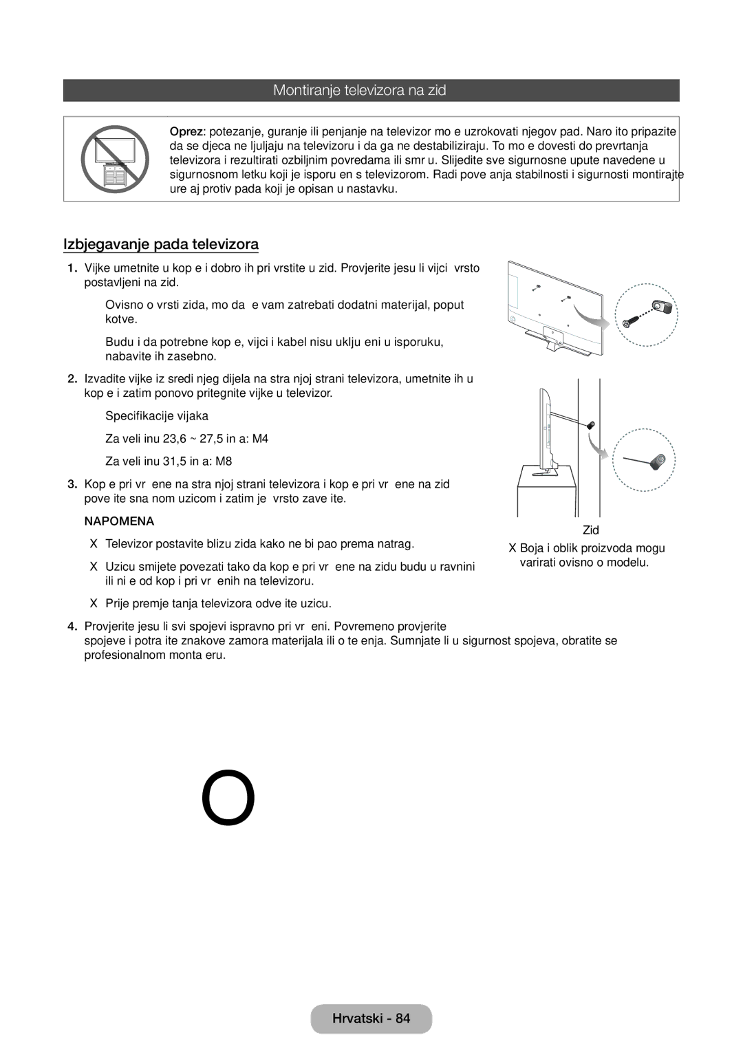 Samsung LT32E310EXQ/EN, LT32E310EW/EN, LT28E310EW/EN manual Montiranje televizora na zid, Izbjegavanje pada televizora 