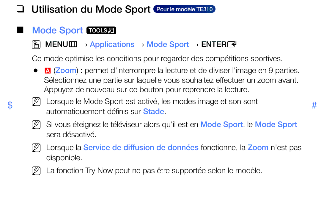 Samsung LT28E316EX/EN, LT32E310EXQ/EN, LT32E310EW/EN manual Utilisation du Mode Sport Pour le modèle TE310, Mode Sport t 