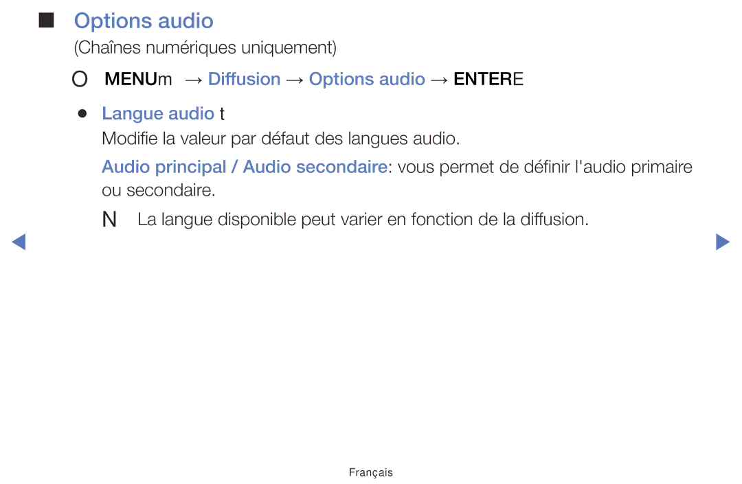 Samsung LT32E310EX/EN, LT32E310EXQ/EN, LT32E310EW/EN manual OO MENUm → Diffusion → Options audio → Entere Langue audio t 