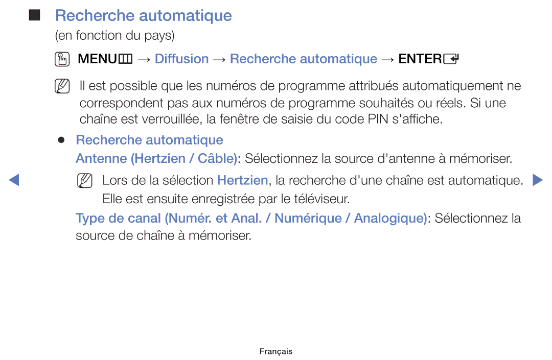 Samsung LT28E310EXQ/EN, LT32E310EXQ/EN, LT32E310EW/EN manual OO MENUm → Diffusion → Recherche automatique → Entere 