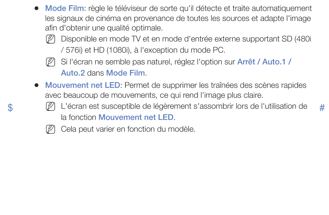Samsung LT22E310EX/EN, LT32E310EXQ/EN, LT32E310EW/EN, LT28E310EW/EN Auto.2 dans Mode Film, La fonction Mouvement net LED 