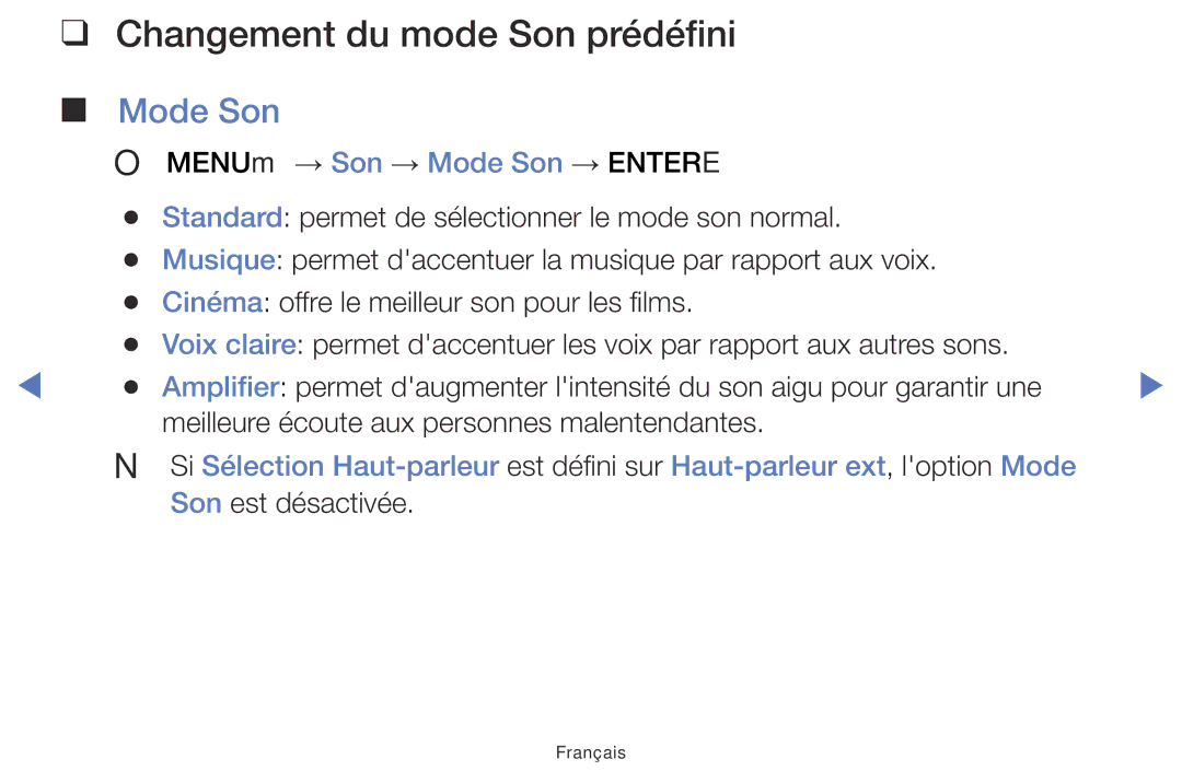 Samsung LT32E310EW/EN, LT32E310EXQ/EN, LT28E310EW/EN, LT28E310EXQ/EN manual Changement du mode Son prédéfini, Mode Son 