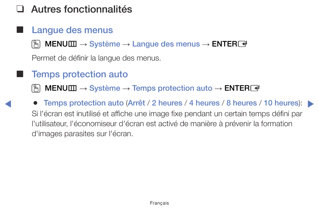 Samsung LT28E310EXQ/EN, LT32E310EXQ/EN manual Temps protection auto, OO MENUm → Système → Langue des menus → Entere 