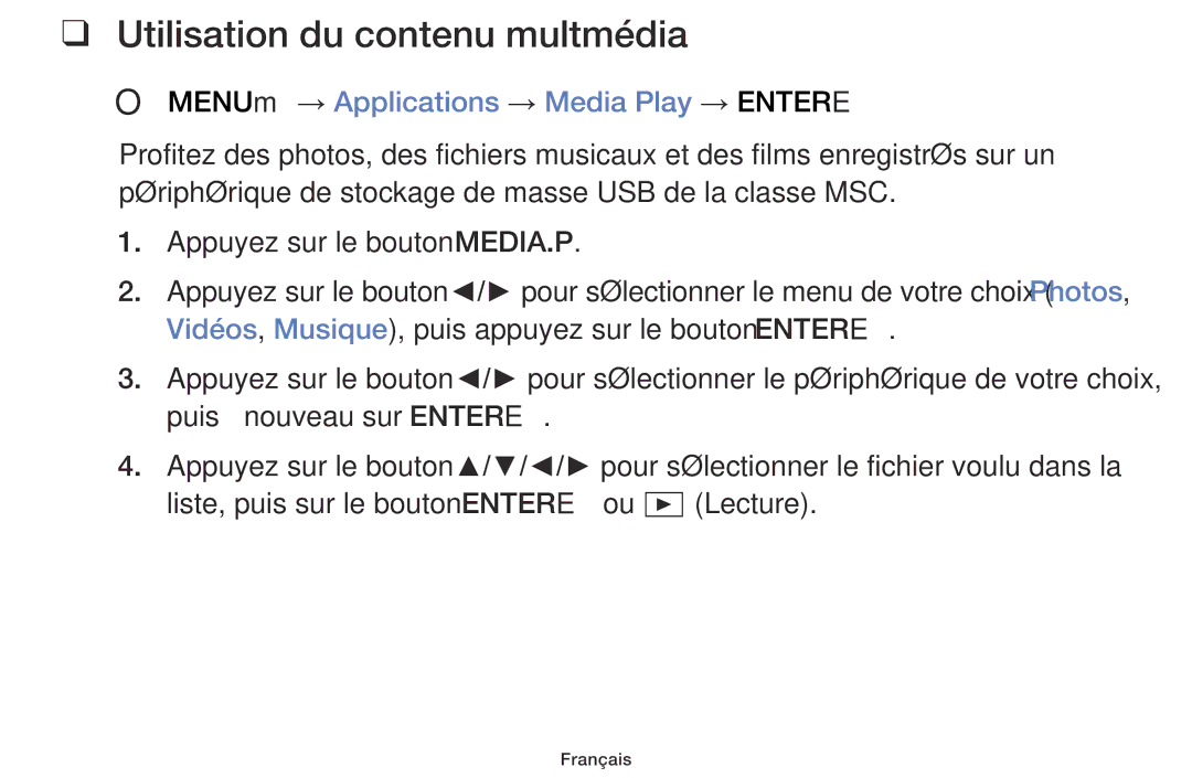 Samsung LT24E310EW/EN, LT32E310EXQ/EN manual Utilisation du contenu multmédia, OO MENUm → Applications → Media Play → Entere 