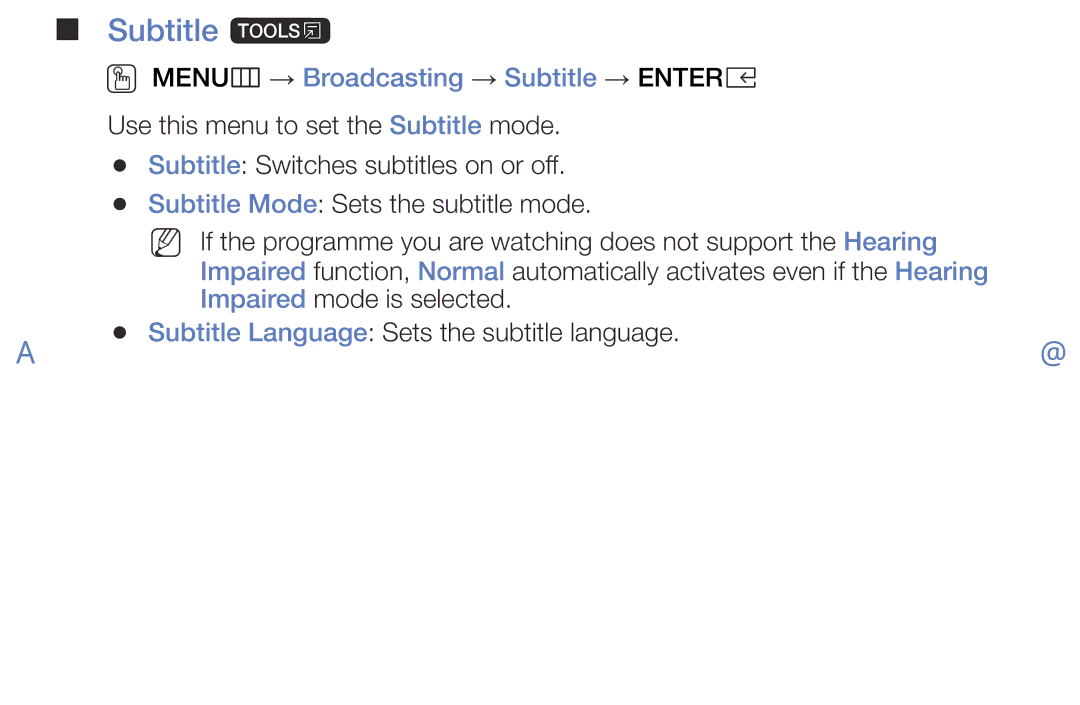 Samsung LT28E310EXQ/XE, LT32E316EXQ/EN, LT32E310EXQ/EN manual Subtitle t, OO MENUm → Broadcasting → Subtitle → Entere 