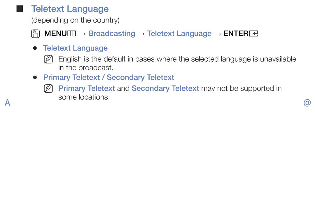 Samsung LT28E316EX/EN, LT32E316EXQ/EN, LT32E310EXQ/EN manual OO MENUm → Broadcasting → Teletext Language → Entere 