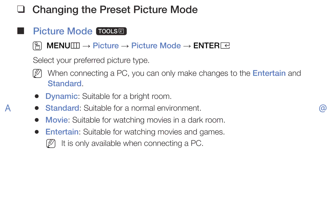 Samsung LT32E310EX/XU manual Changing the Preset Picture Mode, Picture Mode t, OO MENUm → Picture → Picture Mode → Entere 