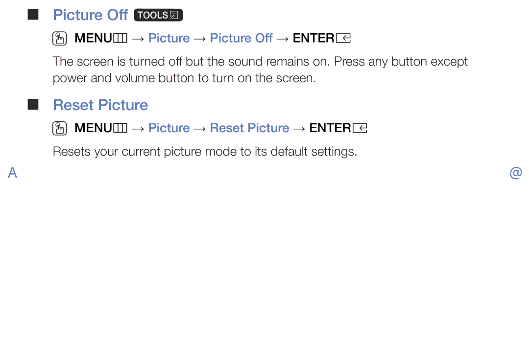 Samsung LT28E316EXQ/EN, LT32E316EXQ/EN manual Picture Off t, Reset Picture, OO MENUm → Picture → Picture Off → Entere 