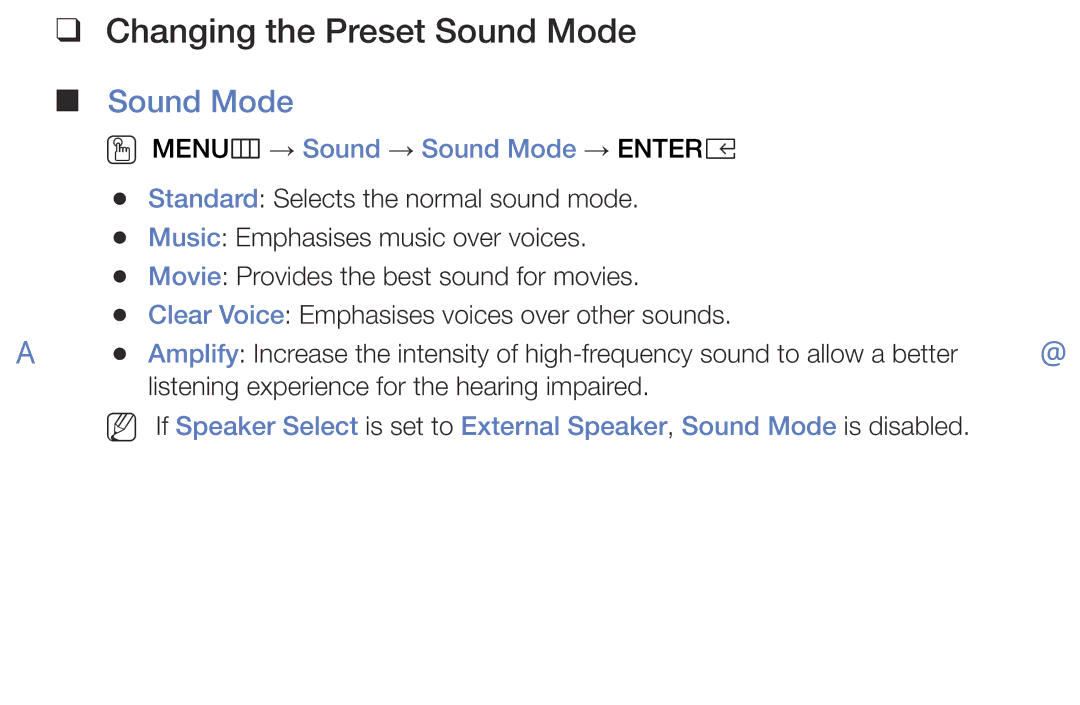 Samsung LT32E316EX/XE, LT32E316EXQ/EN, LT28E316EX/EN Changing the Preset Sound Mode, OO MENUm → Sound → Sound Mode → Entere 