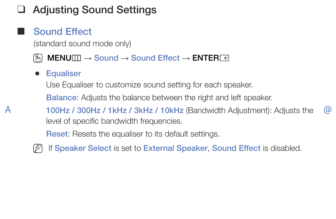 Samsung LT32E310EXQ/XE, LT32E316EXQ/EN Adjusting Sound Settings, OO MENUm → Sound → Sound Effect → Entere Equaliser 