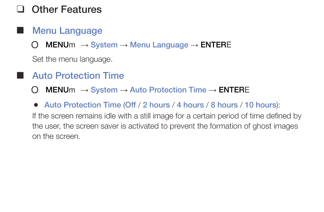 Samsung LT28E310EXQ/EN, LT32E316EXQ/EN, LT32E310EXQ/EN Auto Protection Time, OO MENUm → System → Menu Language → Entere 