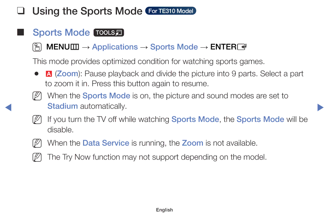 Samsung LT28E310EX/EN Using the Sports Mode For TE310 Model, Sports Mode t, OO MENUm → Applications → Sports Mode → Entere 