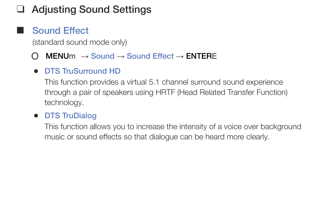 Samsung LT28E310EXQ/EN manual Adjusting Sound Settings, OO MENUm → Sound → Sound Effect → Entere DTS TruSurround HD 