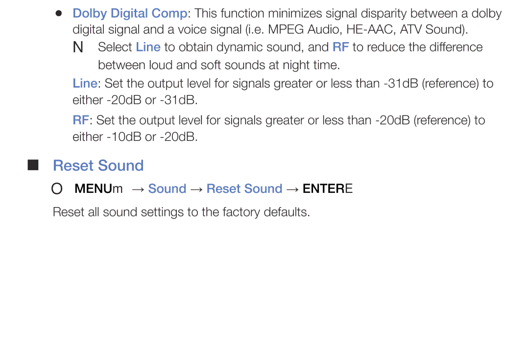 Samsung LT24E310EX/EN, LT32E316EXQ/EN, LT32E310EXQ/EN, LT32E310EW/EN manual OO MENUm → Sound → Reset Sound → Entere 