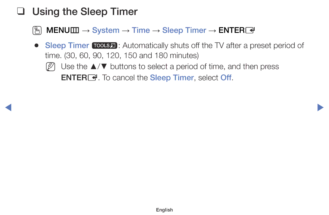 Samsung LT24E310EX/XE, LT32E316EXQ/EN, LT32E310EW/EN Using the Sleep Timer, OO MENUm → System → Time → Sleep Timer → Entere 