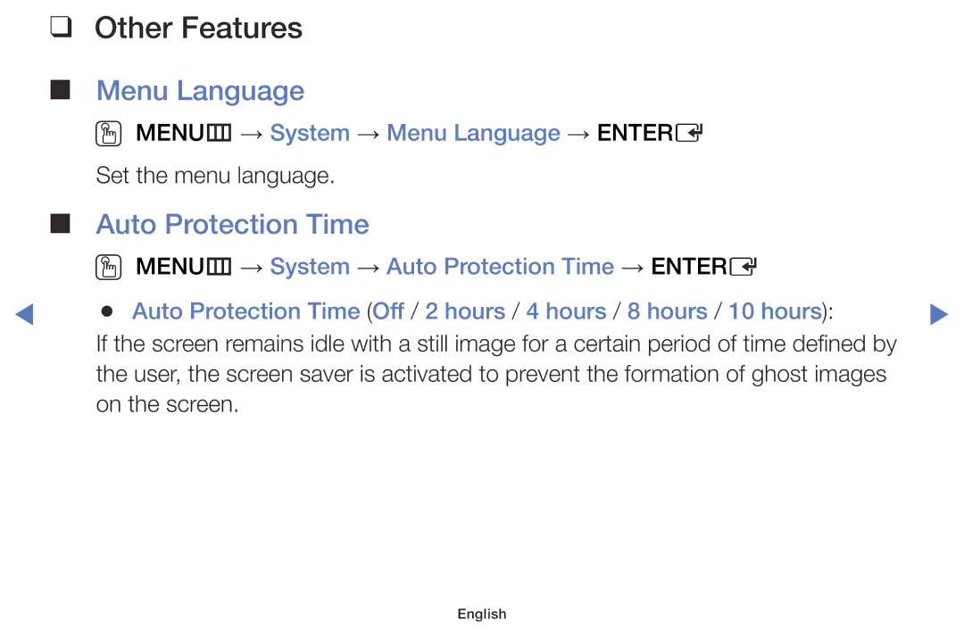 Samsung LT32E310EXQ/EN, LT32E316EXQ/EN, LT32E310EW/EN Auto Protection Time, OO MENUm → System → Menu Language → Entere 