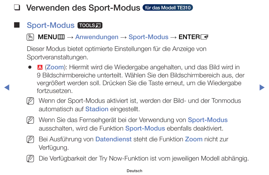 Samsung LT28E316EX/EN, LT32E316EXQ/EN, LT32E310EXQ/EN manual Verwenden des Sport-Modus für das Modell TE310, Sport-Modus t 