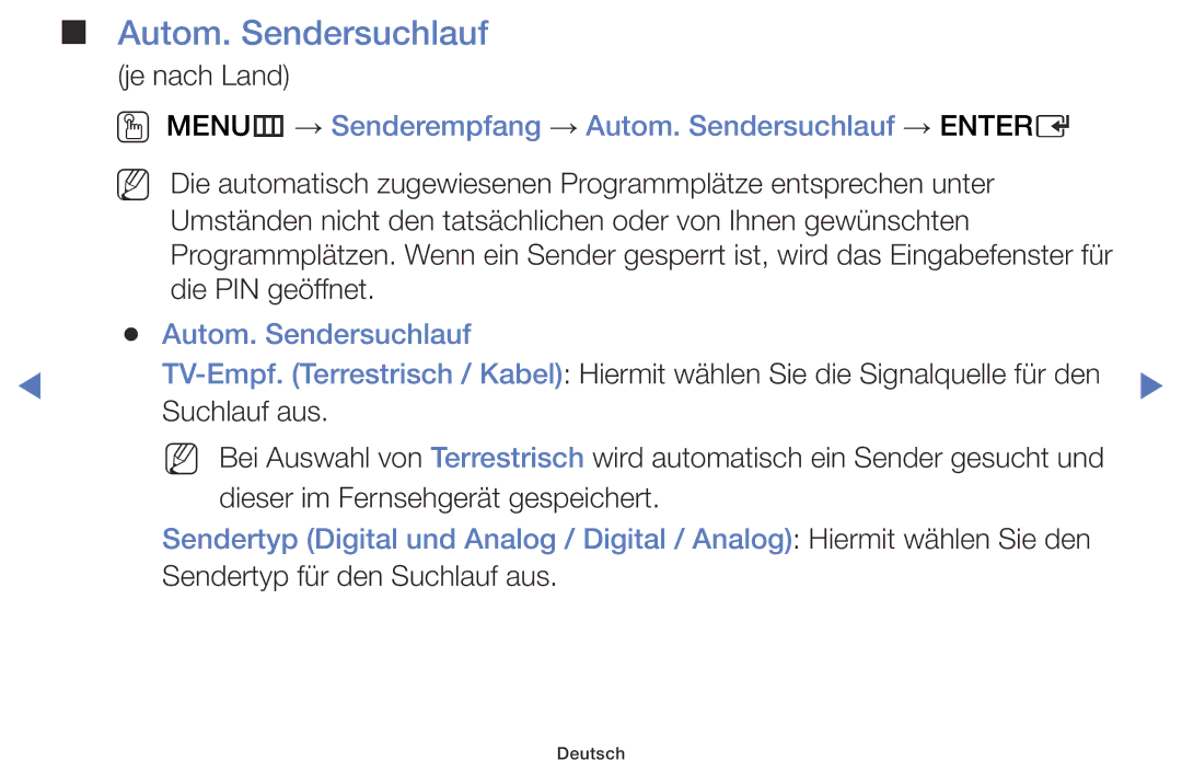 Samsung LT28E310EW/EN, LT32E316EXQ/EN, LT32E310EXQ/EN manual OO MENUm → Senderempfang → Autom. Sendersuchlauf → Entere 