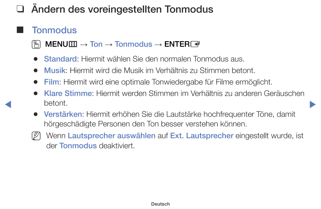 Samsung LT32E316EX/EN, LT32E316EXQ/EN, LT32E310EXQ/EN, LT32E310EW/EN, LT28E310EW/EN manual Ändern des voreingestellten Tonmodus 