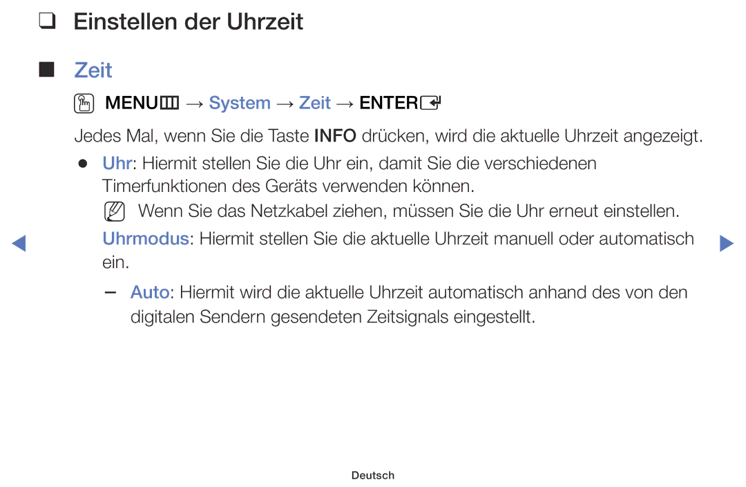 Samsung LT32E316EX/EN, LT32E316EXQ/EN, LT32E310EXQ/EN, LT32E310EW/EN, LT28E310EW/EN manual Einstellen der Uhrzeit, Zeit 