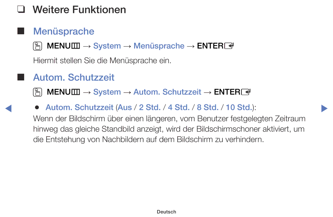 Samsung LT32E316EX/EN, LT32E316EXQ/EN, LT32E310EXQ/EN manual Autom. Schutzzeit, OO MENUm → System → Menüsprache → Entere 