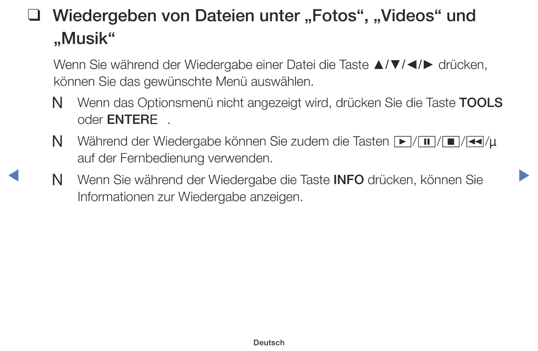 Samsung LT22E310EX/EN, LT32E316EXQ/EN, LT32E310EXQ/EN manual Wiedergeben von Dateien unter „Fotos, „Videos und „Musik 