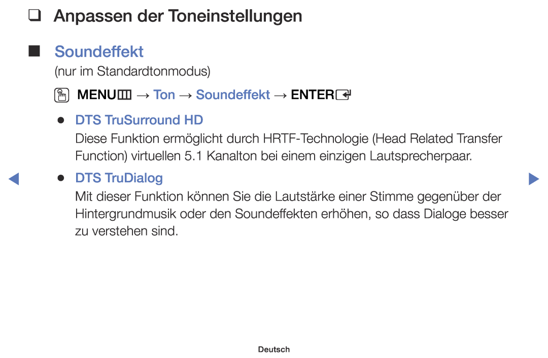 Samsung LT28E310EX/EN manual Anpassen der Toneinstellungen, OO MENUm → Ton → Soundeffekt → ENTERE, DTS TruDialog 