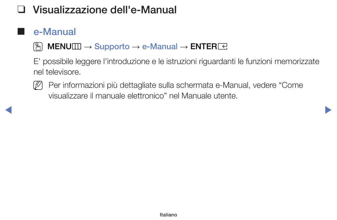 Samsung LT32E319EI/EN manual Visualizzazione delle-Manual, OO MENUm → Supporto → e-Manual → Entere 