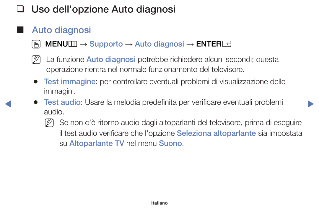 Samsung LT32E319EI/EN manual Uso dellopzione Auto diagnosi, OO MENUm → Supporto → Auto diagnosi → Entere 