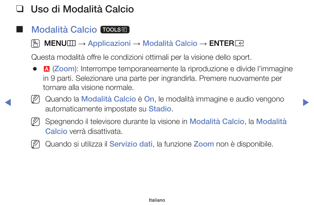 Samsung LT32E319EI/EN manual Uso di Modalità Calcio, Modalità Calcio t, OO MENUm → Applicazioni → Modalità Calcio → Entere 