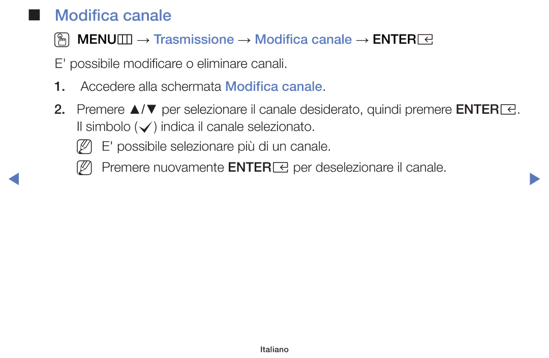 Samsung LT32E319EI/EN manual OO MENUm → Trasmissione → Modifica canale → Entere 