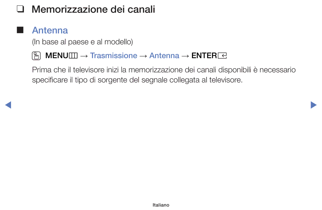 Samsung LT32E319EI/EN manual Memorizzazione dei canali, OO MENUm → Trasmissione → Antenna → Entere 