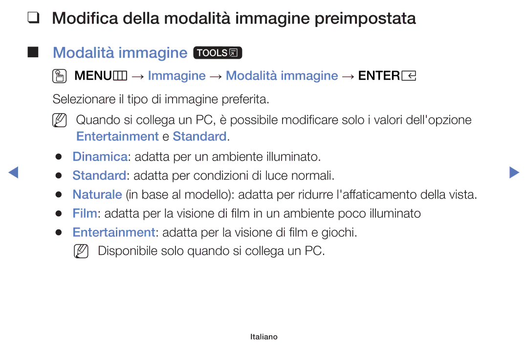 Samsung LT32E319EI/EN manual Modifica della modalità immagine preimpostata, Modalità immagine t, Entertainment e Standard 