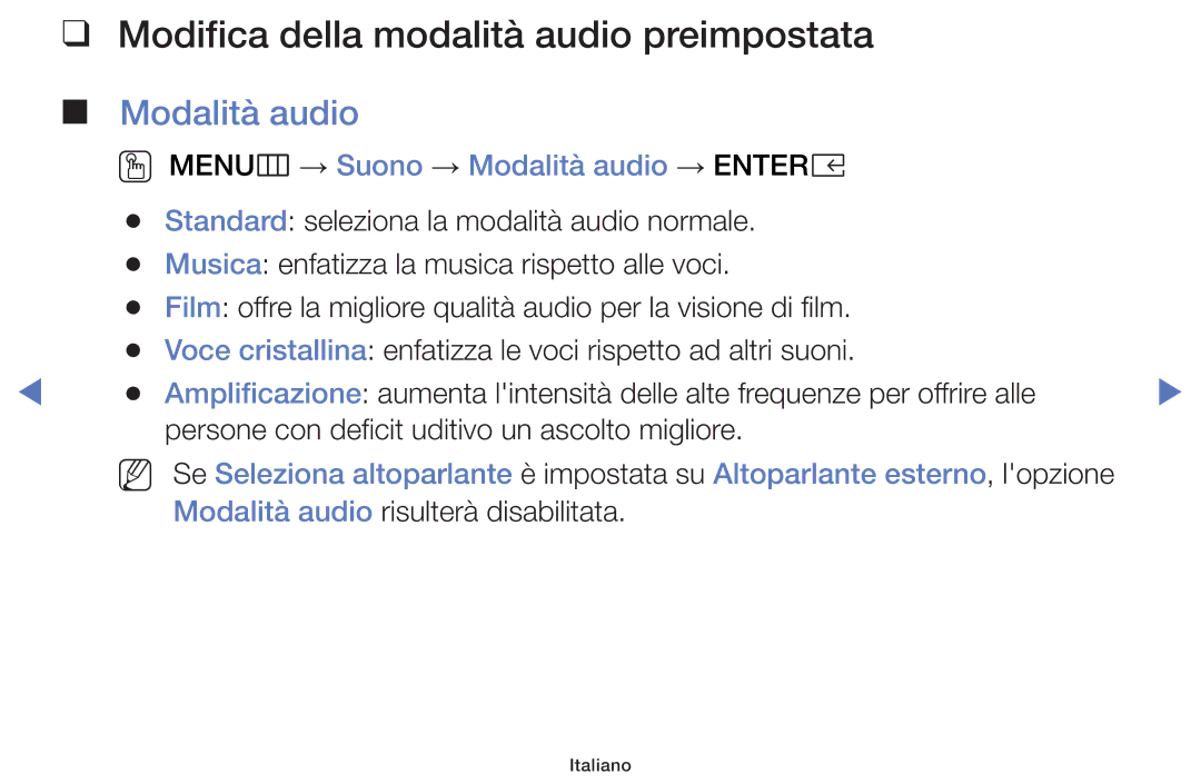 Samsung LT32E319EI/EN manual Modifica della modalità audio preimpostata, Modalità audio 