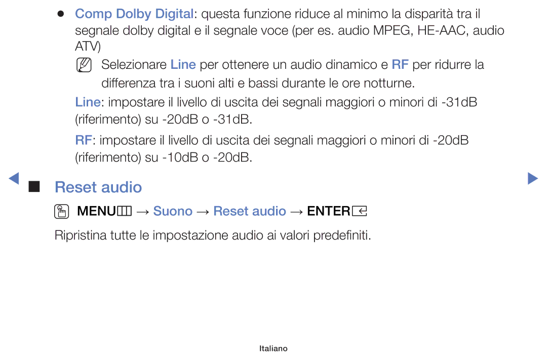 Samsung LT32E319EI/EN manual OO MENUm → Suono → Reset audio → Entere 