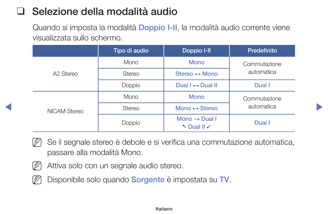 Samsung LT32E319EI/EN manual Selezione della modalità audio t, Tipo di audio Doppio Predefinito 