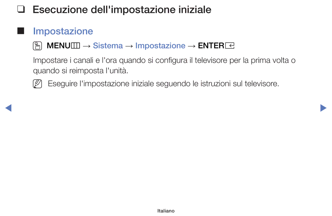 Samsung LT32E319EI/EN manual Esecuzione dellimpostazione iniziale, OO MENUm → Sistema → Impostazione → Entere 