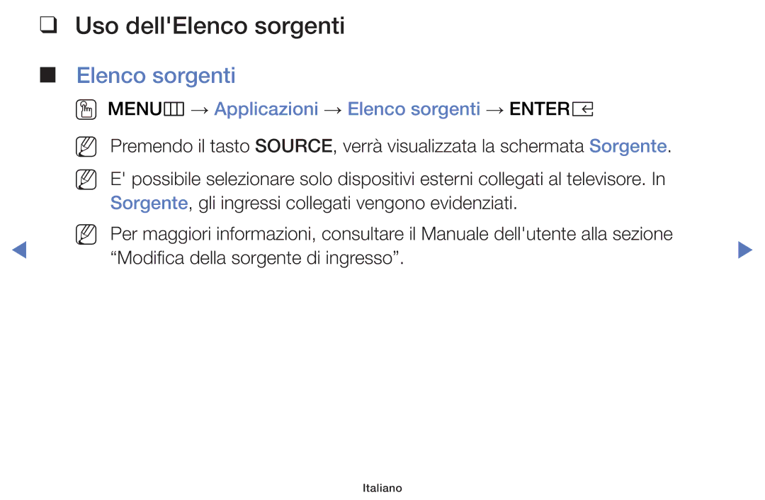 Samsung LT32E319EI/EN manual Uso dellElenco sorgenti, OO MENUm → Applicazioni → Elenco sorgenti → Entere 