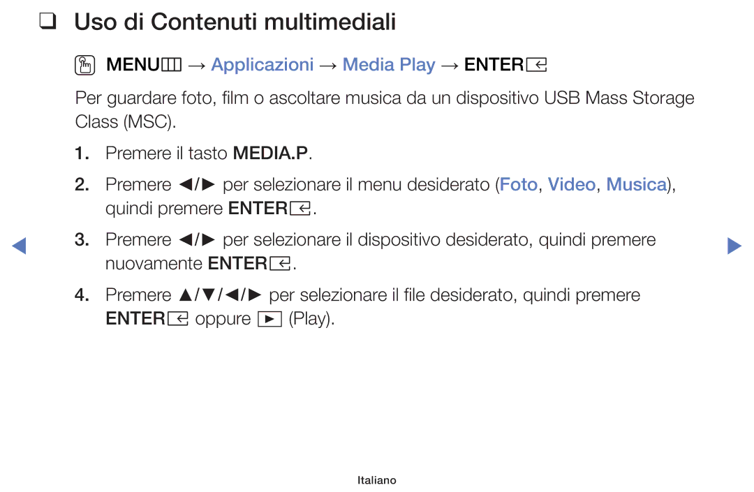 Samsung LT32E319EI/EN manual Uso di Contenuti multimediali, OO MENUm → Applicazioni → Media Play → Entere 