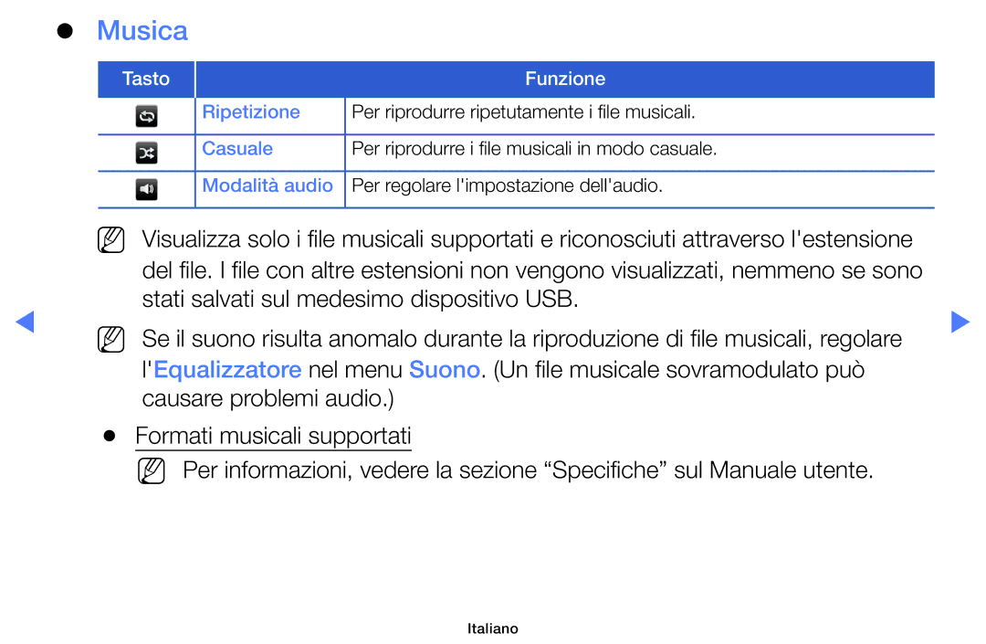 Samsung LT32E319EI/EN manual Musica, Stati salvati sul medesimo dispositivo USB 