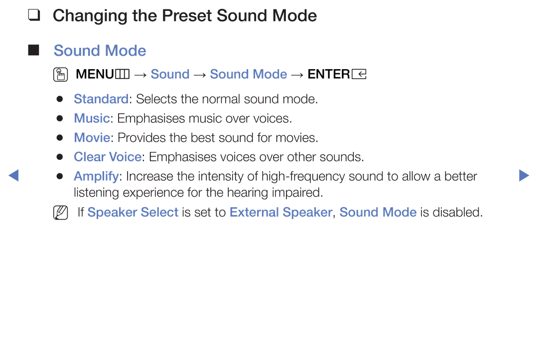 Samsung LT32E319EI/EN manual Changing the Preset Sound Mode, OO MENUm → Sound → Sound Mode → Entere 