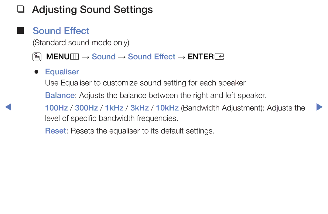 Samsung LT32E319EI/EN manual Adjusting Sound Settings, OO MENUm → Sound → Sound Effect → Entere Equaliser 