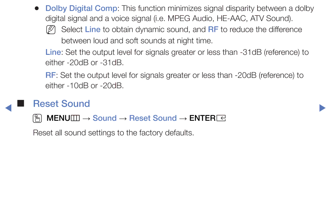 Samsung LT32E319EI/EN manual OO MENUm → Sound → Reset Sound → Entere 