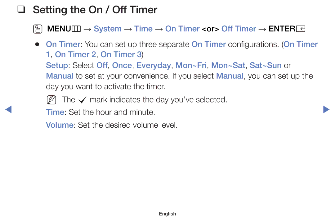 Samsung LT32E319EI/EN manual Setting the On / Off Timer, OO MENUm → System → Time → On Timer or Off Timer → Entere 